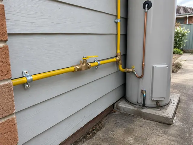Yellow gas pipe and fittings beside an outdoor cylindrical unit on grey weatherboard in Melrose Park
